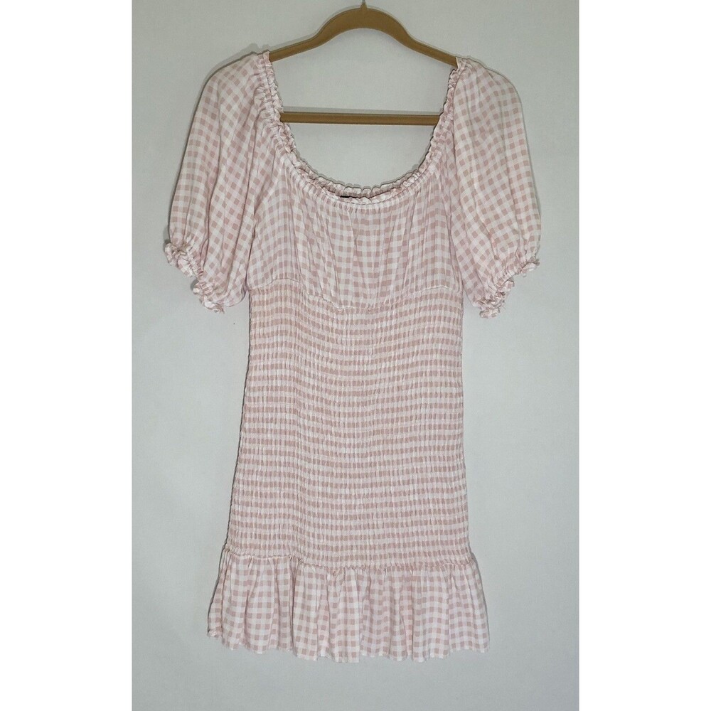 AS U WISH Short Sleeve Smocked Pink/White Plaid  Bodycon Dress Juniors Size M